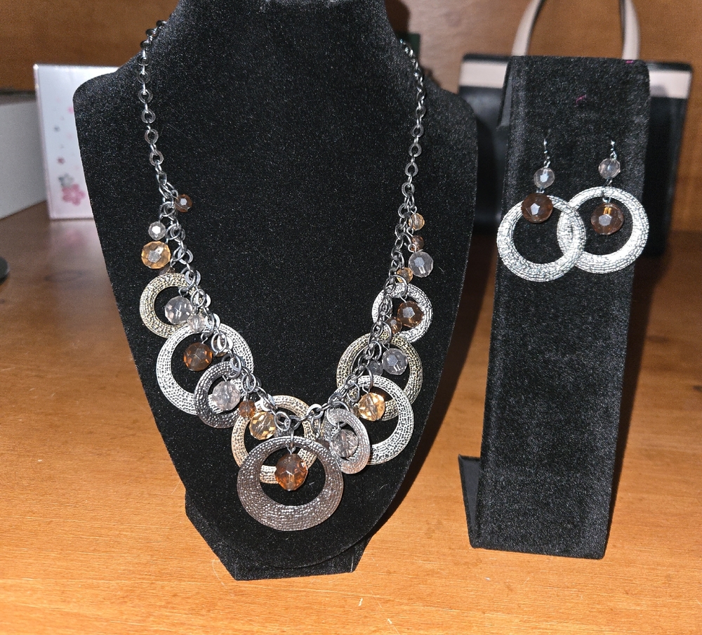 Elegant Silver and Gold tone Necklace and Earring Set